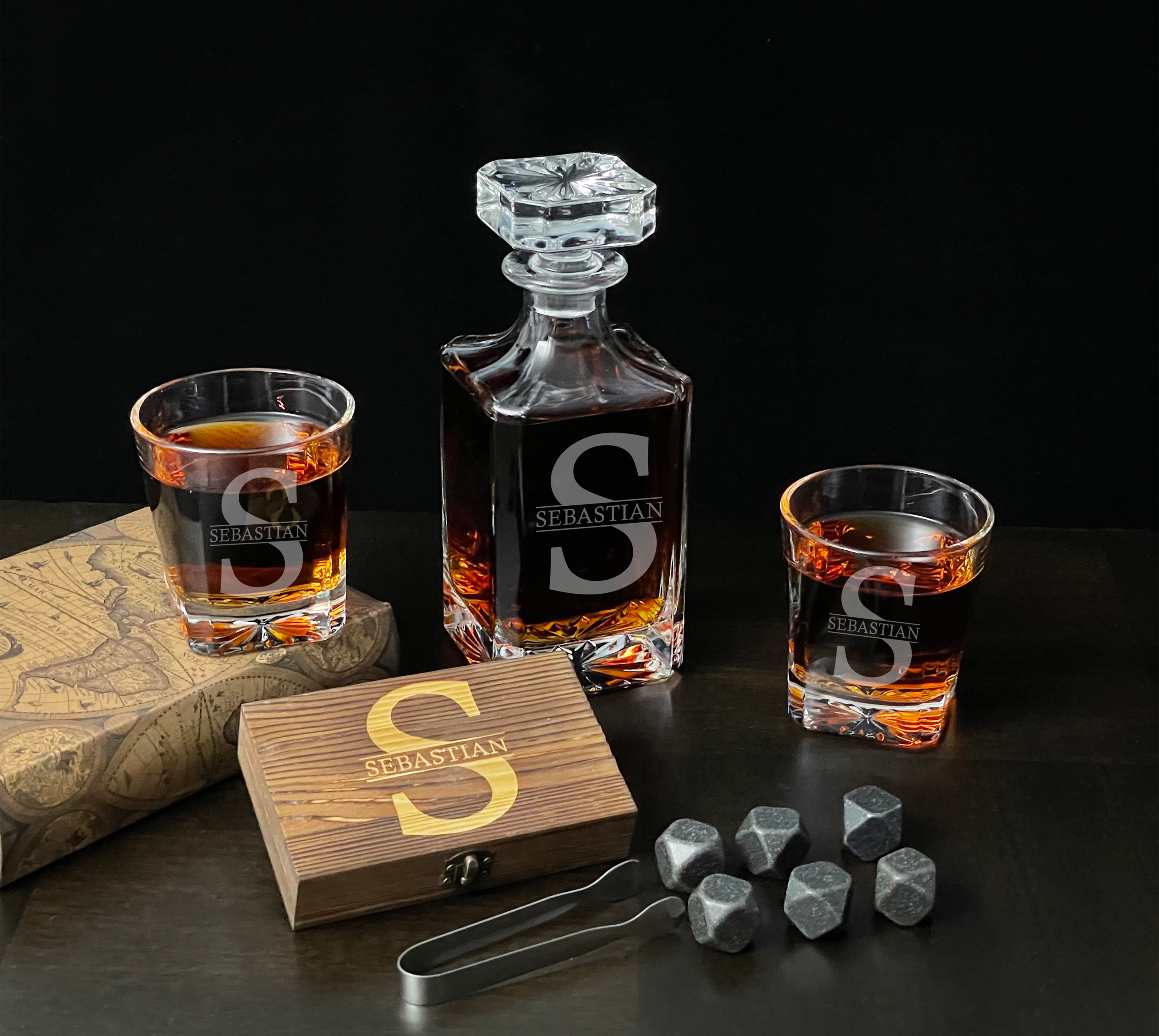 Decanter Set with Two Glasses and Whiskey Stones