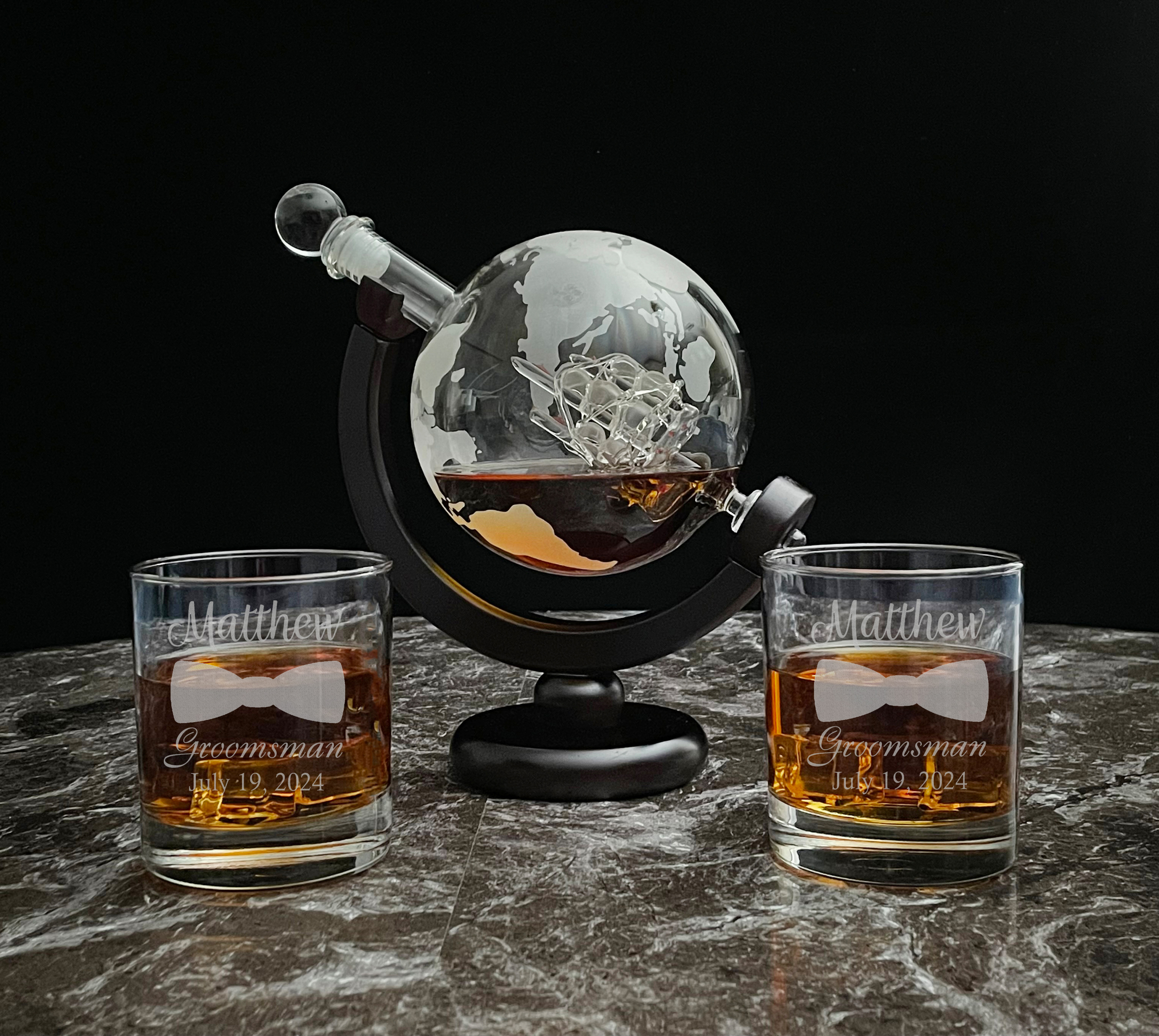 Globe Decanter with Two Bourbon Glasses