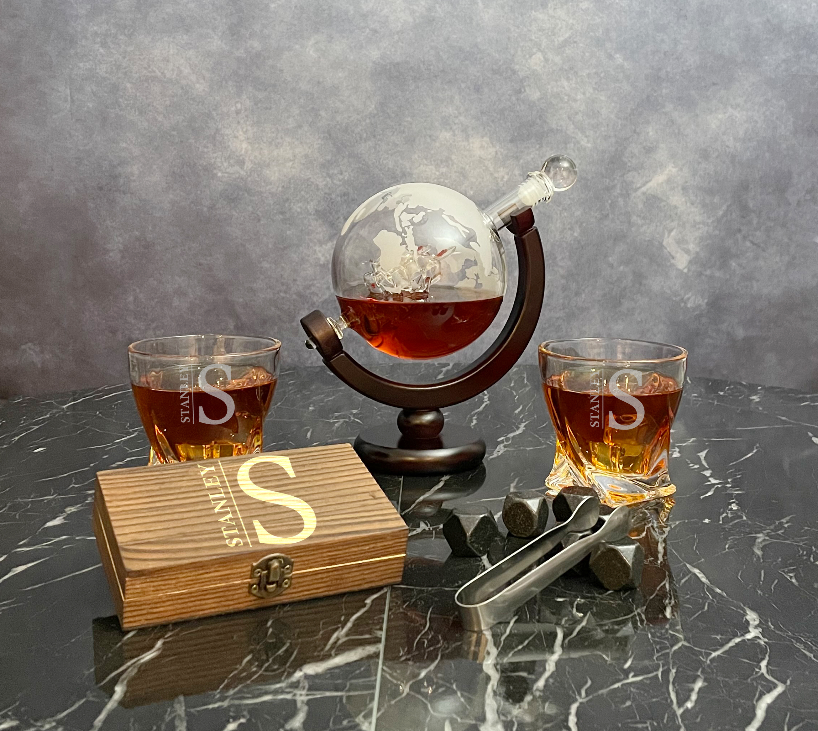 Globe Decanter with Glasses and Whiskey Stones Set