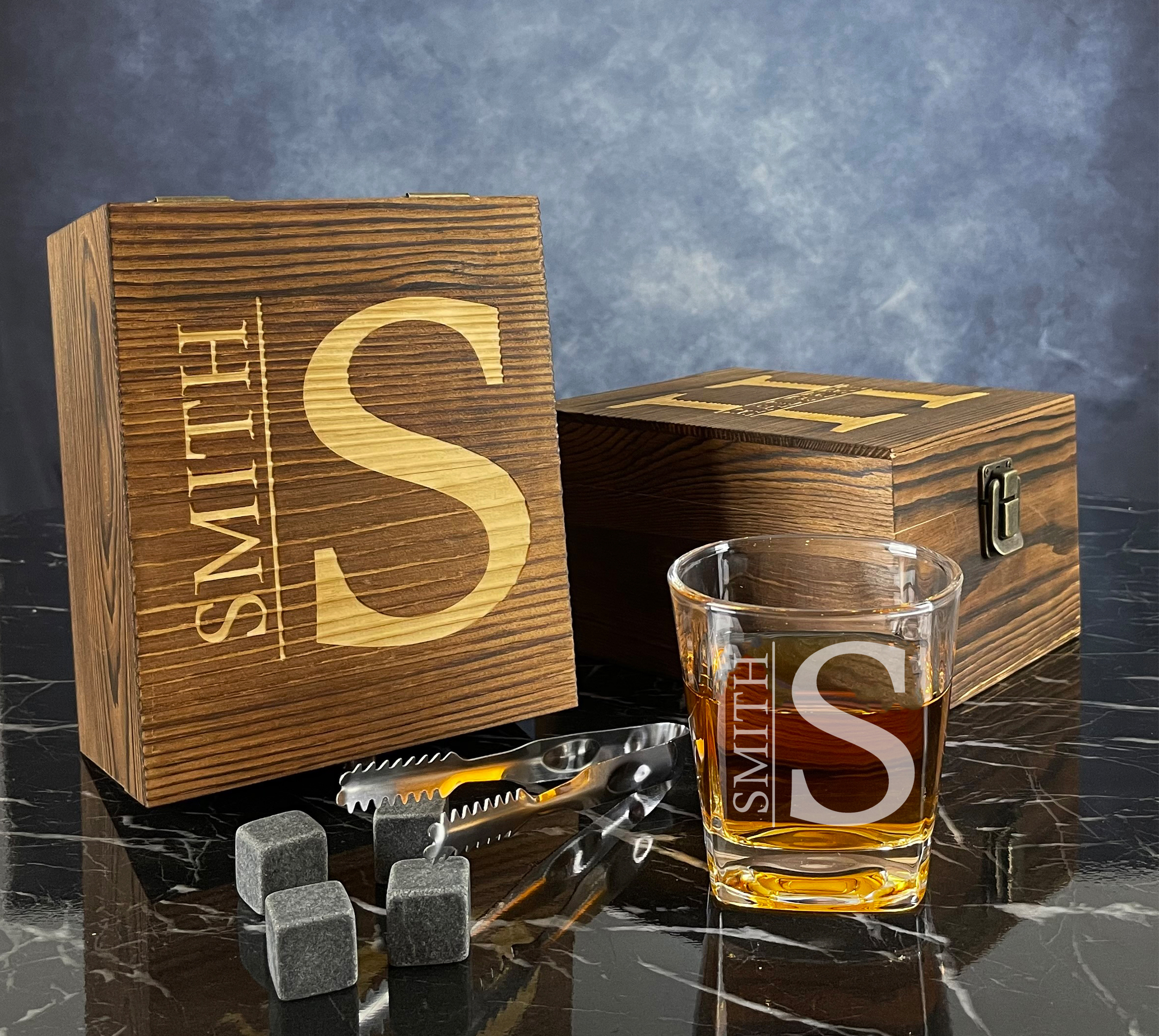 Personalized Whiskey Box with Stones and Glass Gift Set
