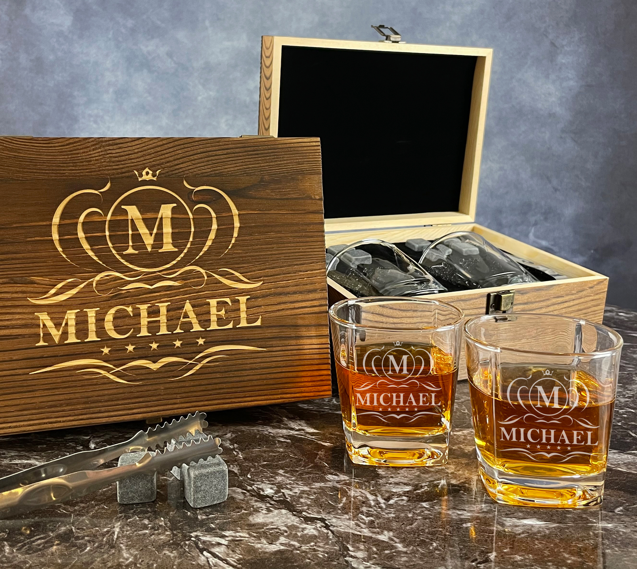 Custom Whiskey Box Gift Set With Two Square Glasses